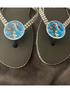 Black Rhinestone Flip Flop Sandals with Frozen Character Medallion